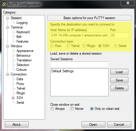 The location of the Host Name, Port, and Connection Type fields in the PuTTY Configuration