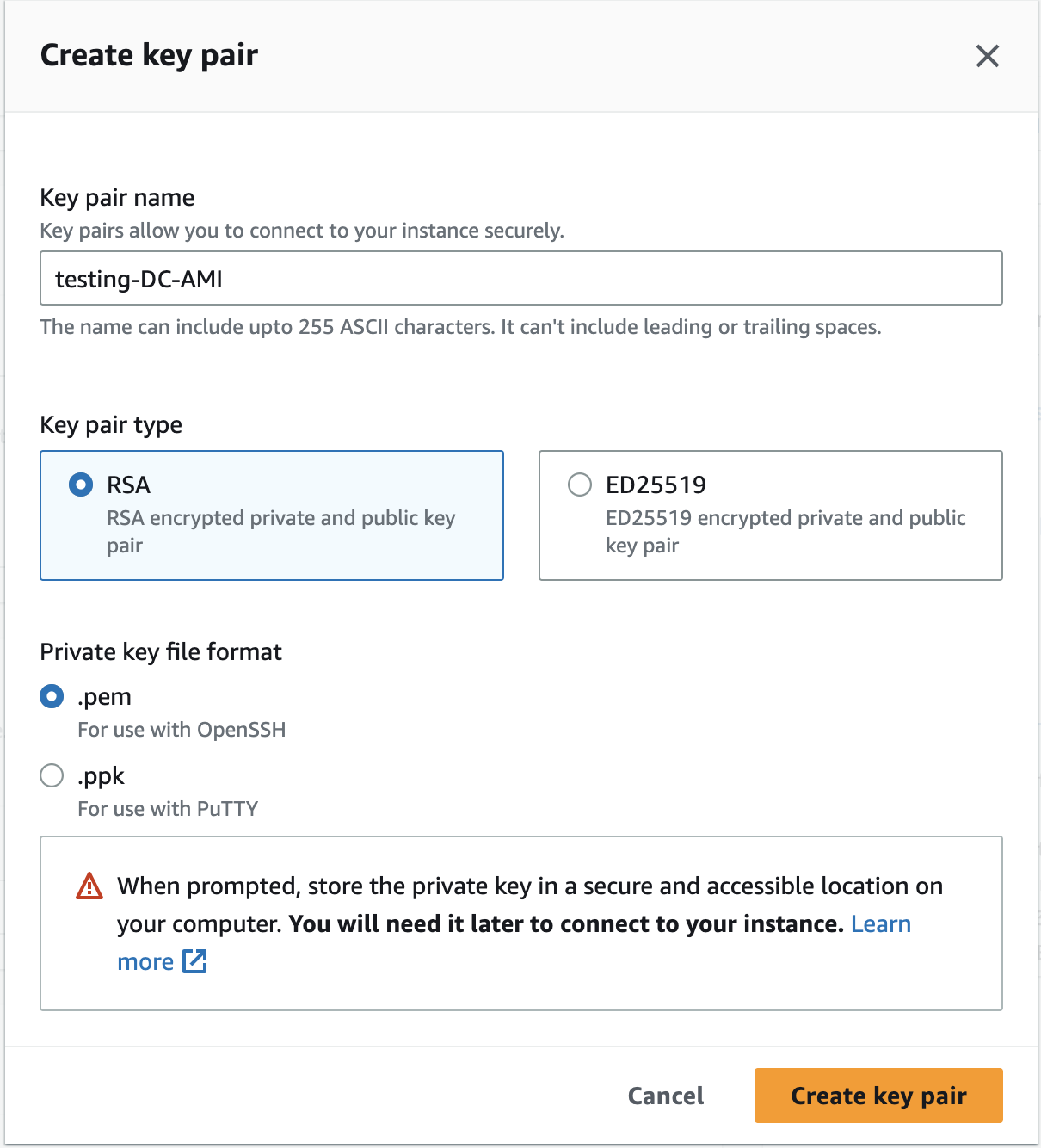 Screenshot showing dialogue box for creating a new key pair.