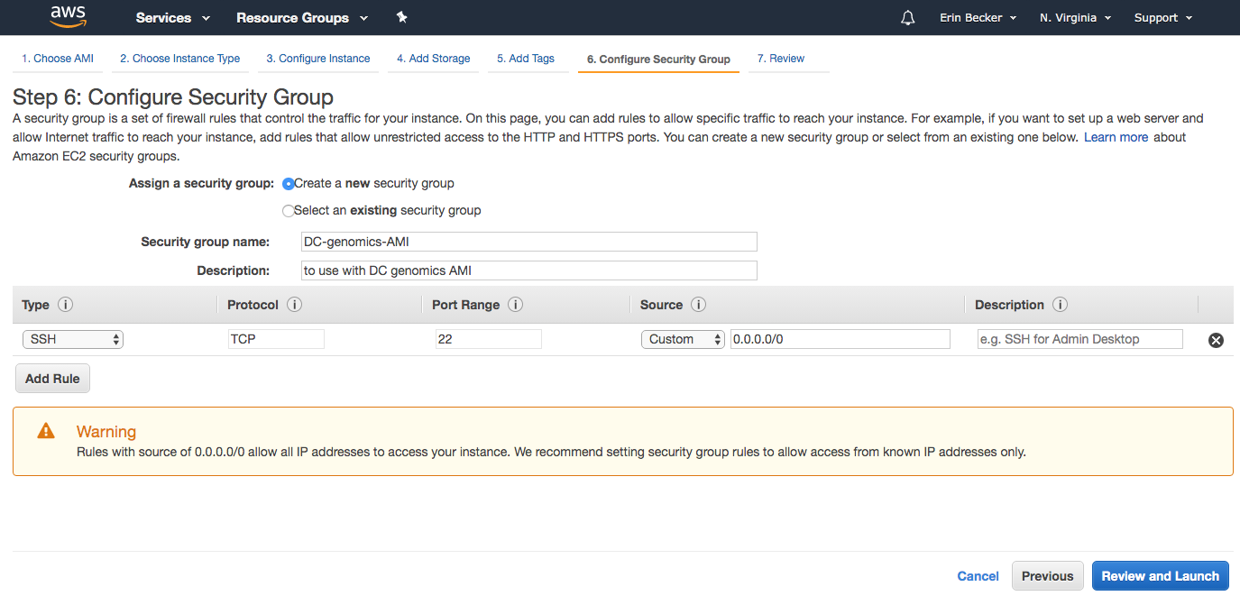 Screenshot of AMI launch wizard showing creating a new security group.