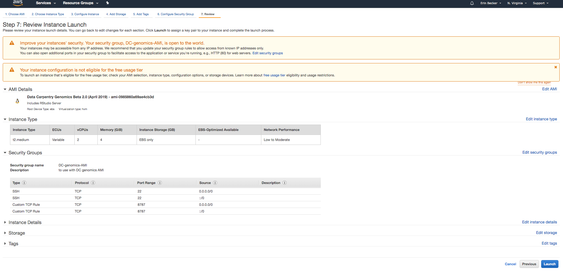 Screenshot of AMI launch wizard showing review page for launching new instance.