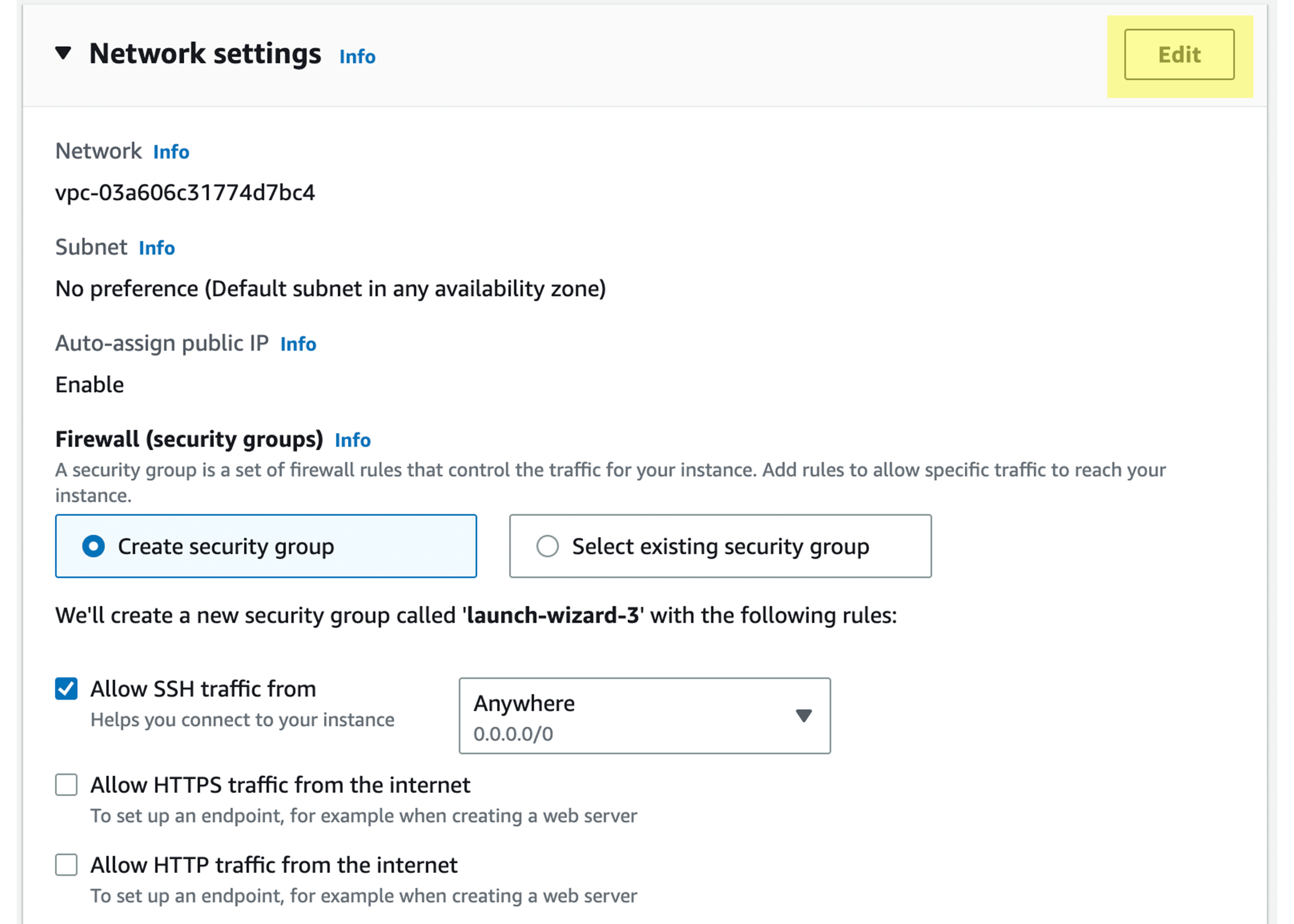 Screenshot of AMI launch wizard showing network settings box with 'Create security group' selected.