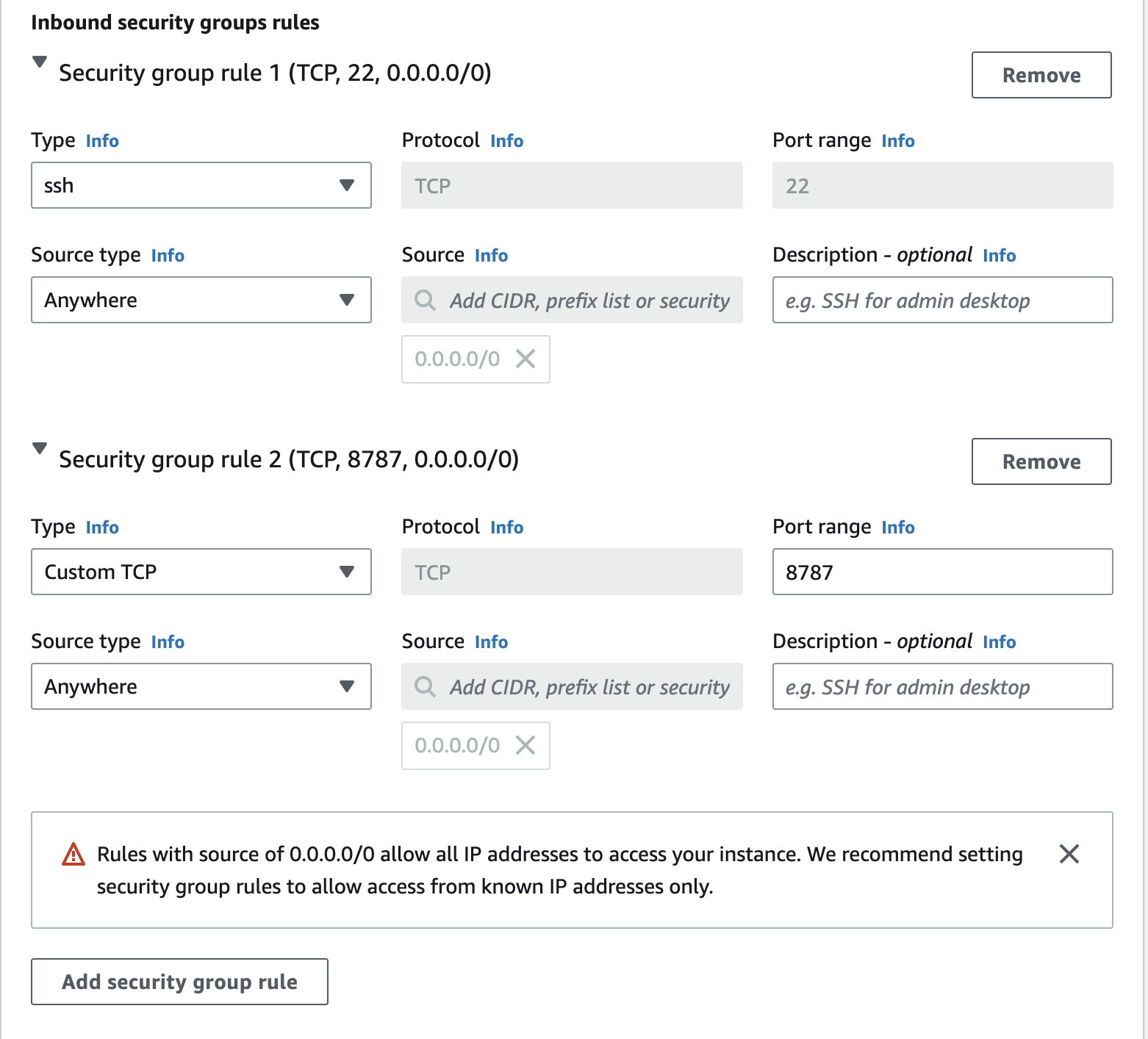 Screenshot of AMI launch wizard showing security group rules.