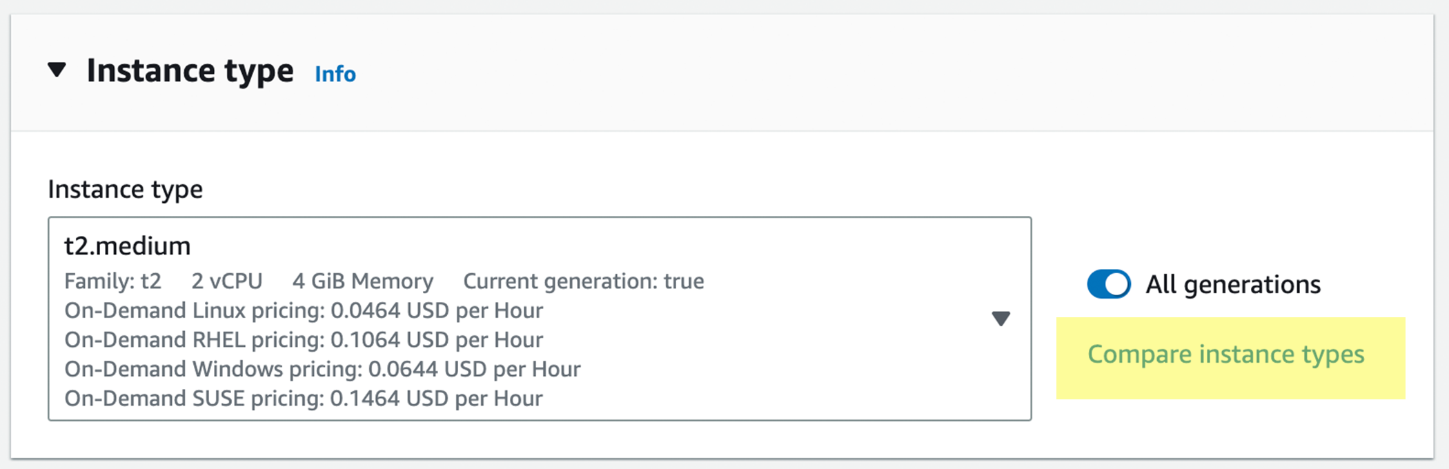 Screenshot of AMI launch wizard showing choosing t2.medium image type.