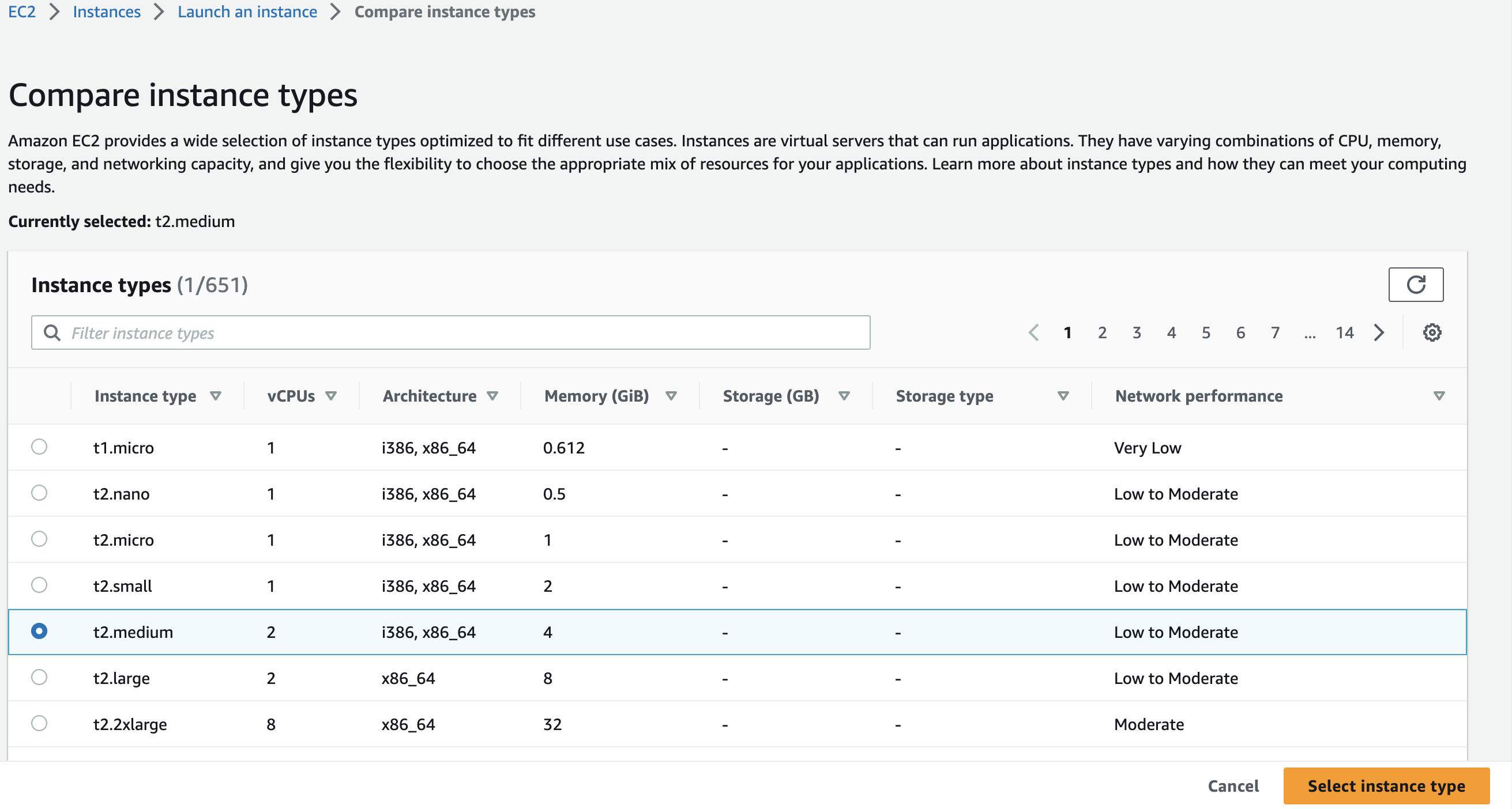 Screenshot of AMI compare instance type page.