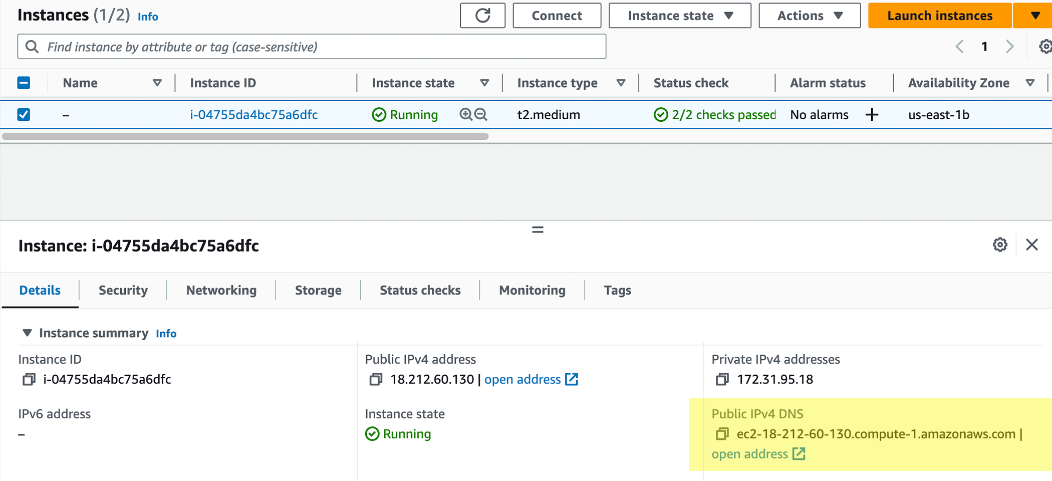 Screenshot of AWS EC2 dashboard showing instance state as running.