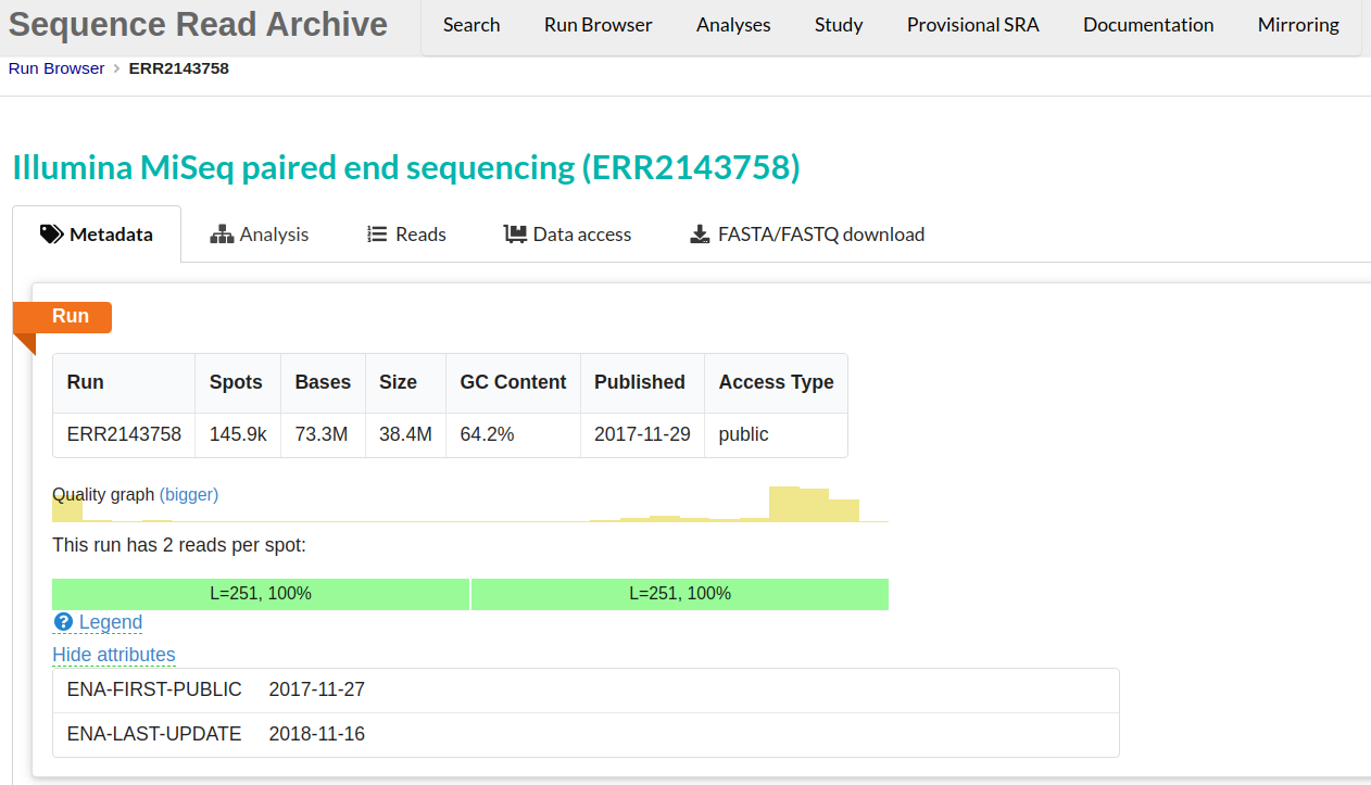 Screenshot of details for the selected run. It shows the details of the sequence file, a quality graph, the metadata, the Biosample details, and BioProject details.