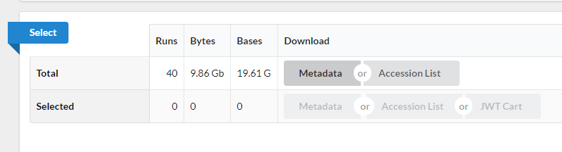 Screenshot of the section Select, with two rows with the number of runs, bytes, bases, and buttons to download the Metadata and Accession List, one row for Total and one row for Selected.