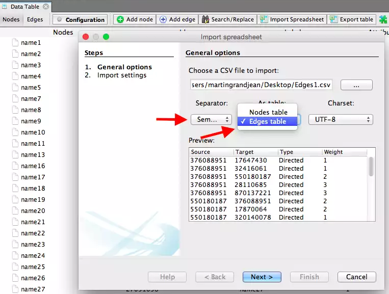 Importing edges to Gephi